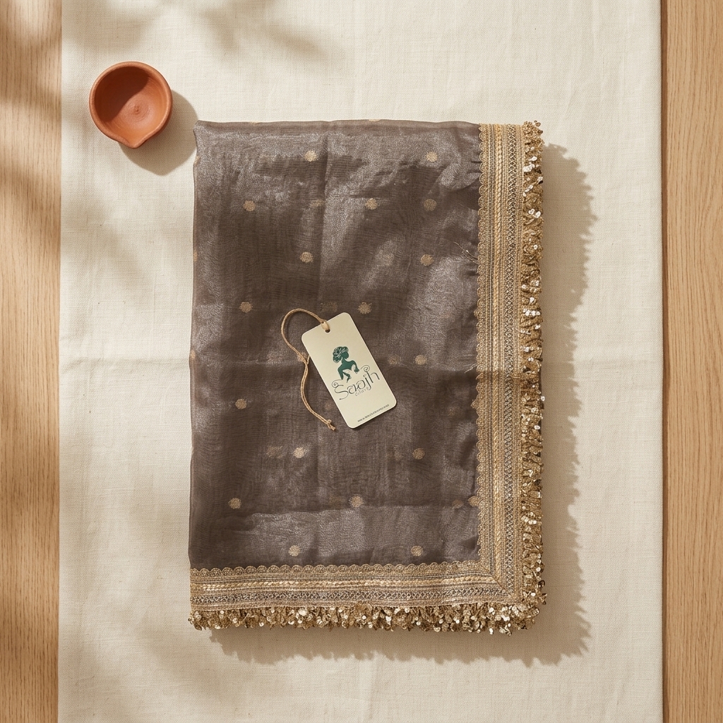 Charcoal Grey Banarasi Tissue Silk Saree - Image 2