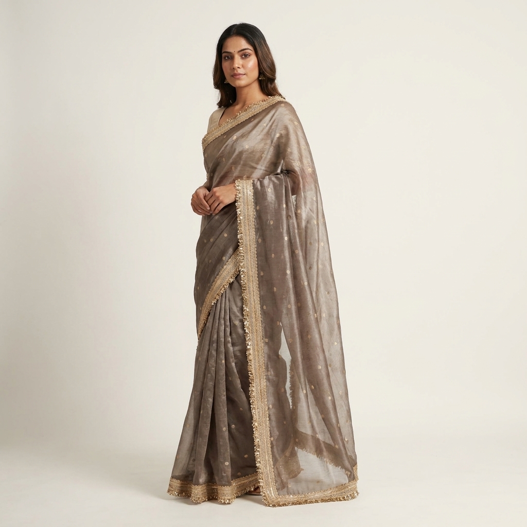 Charcoal Grey Banarasi Tissue Silk Saree - Image 3