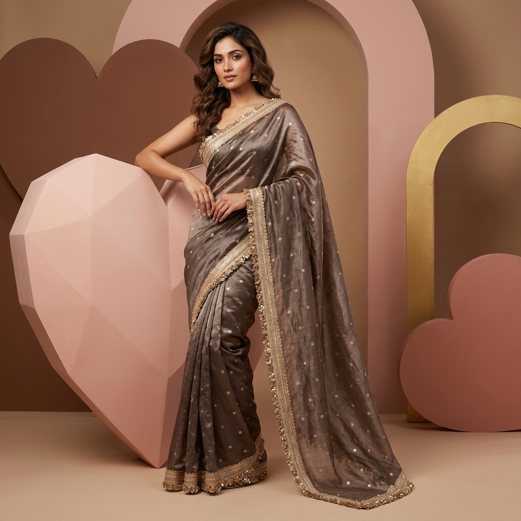 Charcoal Grey Banarasi Tissue Silk Saree - Image 4