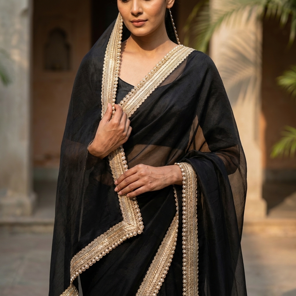 Mid-night Black Banarasi Tissue Silk Saree