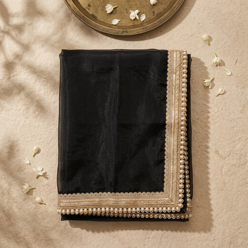 Mid-night Black Banarasi Tissue Silk Saree - Image 2