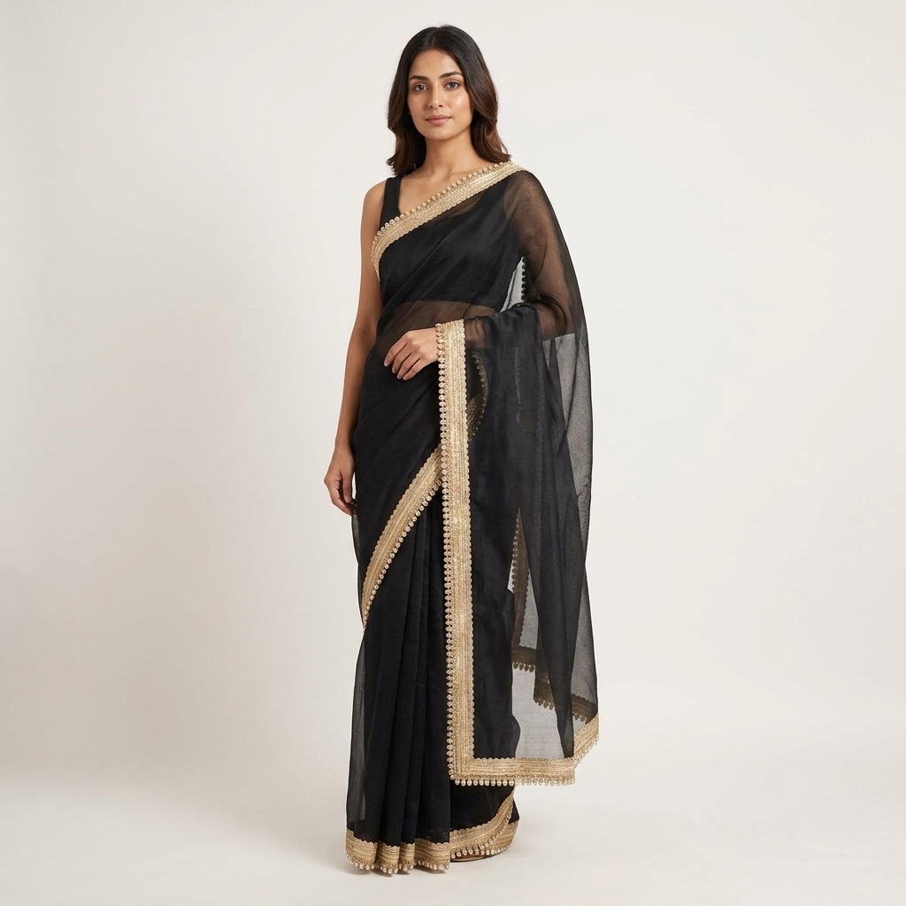 Mid-night Black Banarasi Tissue Silk Saree - Image 3