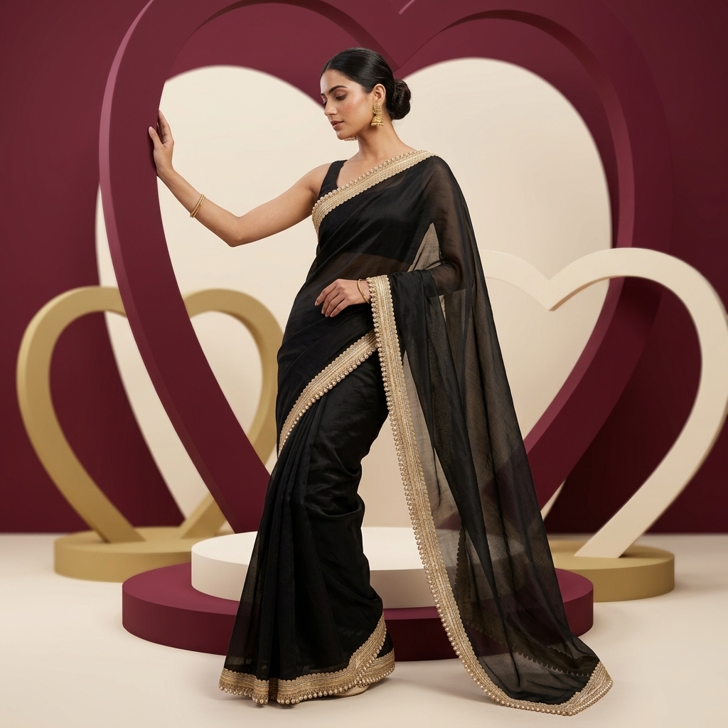 Mid-night Black Banarasi Tissue Silk Saree - Image 4