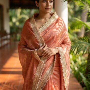 Warm Peach Banarasi Tissue Silk Saree