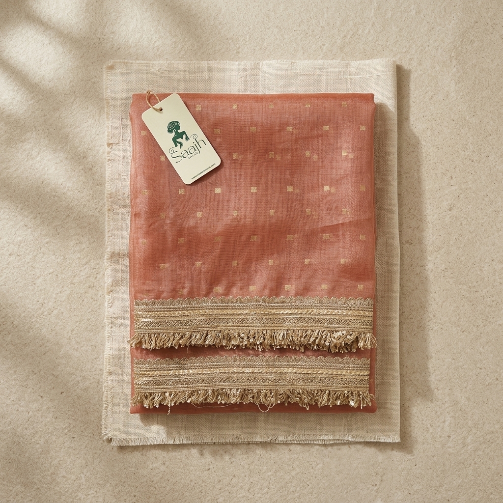 Warm Peach Banarasi Tissue Silk Saree - Image 2