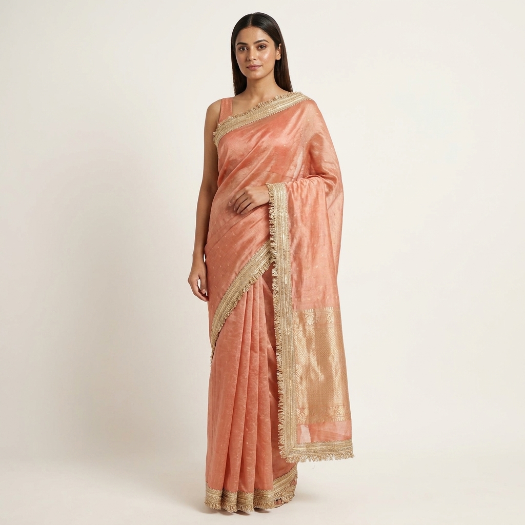 Warm Peach Banarasi Tissue Silk Saree - Image 3