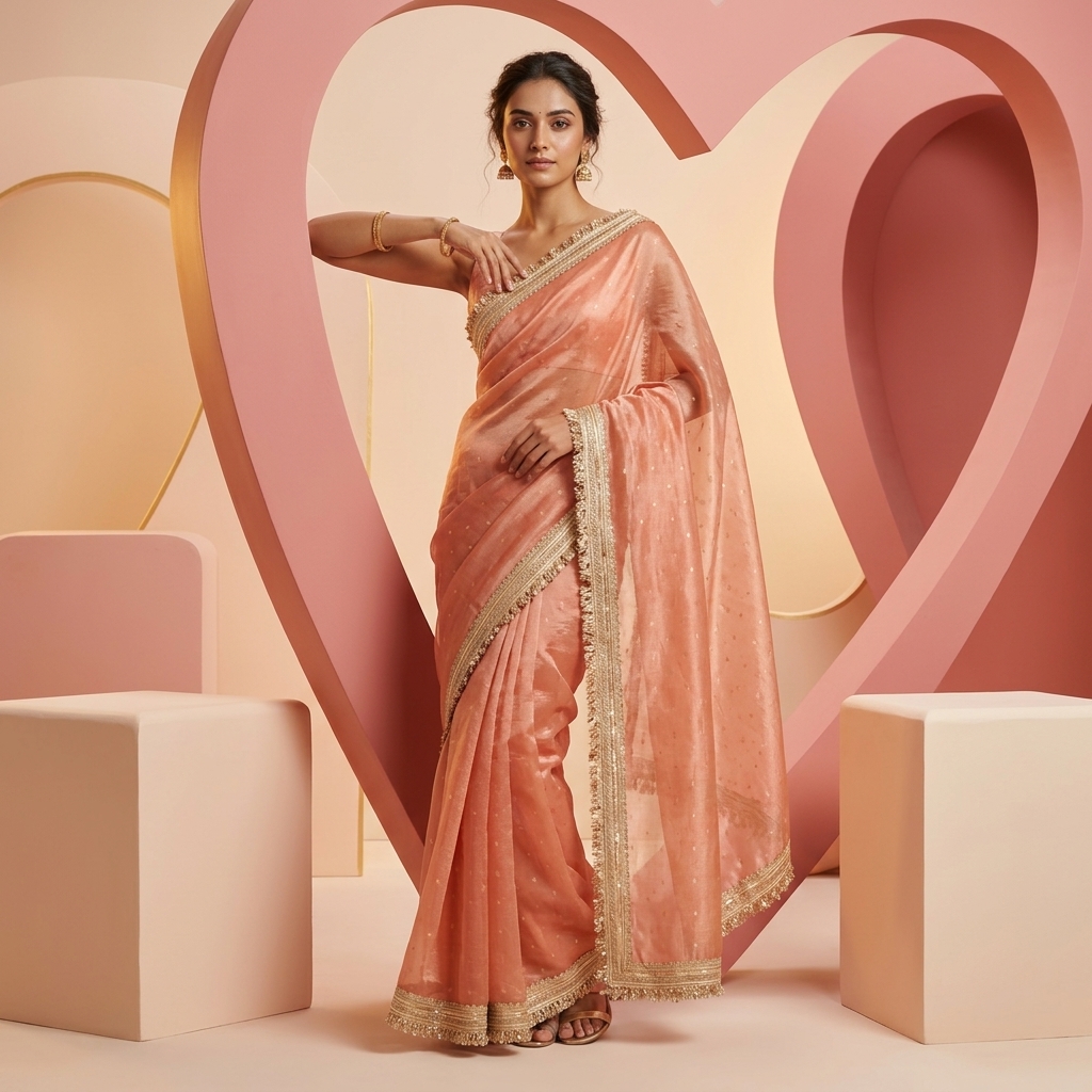 Warm Peach Banarasi Tissue Silk Saree - Image 4