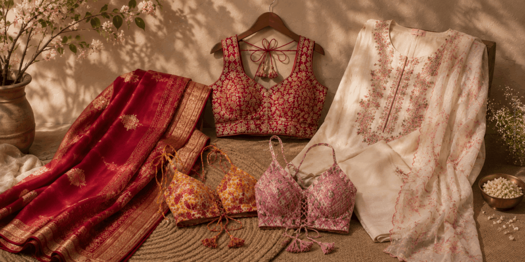 saajh-stories-handcrafted-indian-sarees-banarasi-kota-doria-maheshwari-mul-cotton-collection-banner-kurta-sets-bluses-bralettes-readymade-best-in-bangalore
