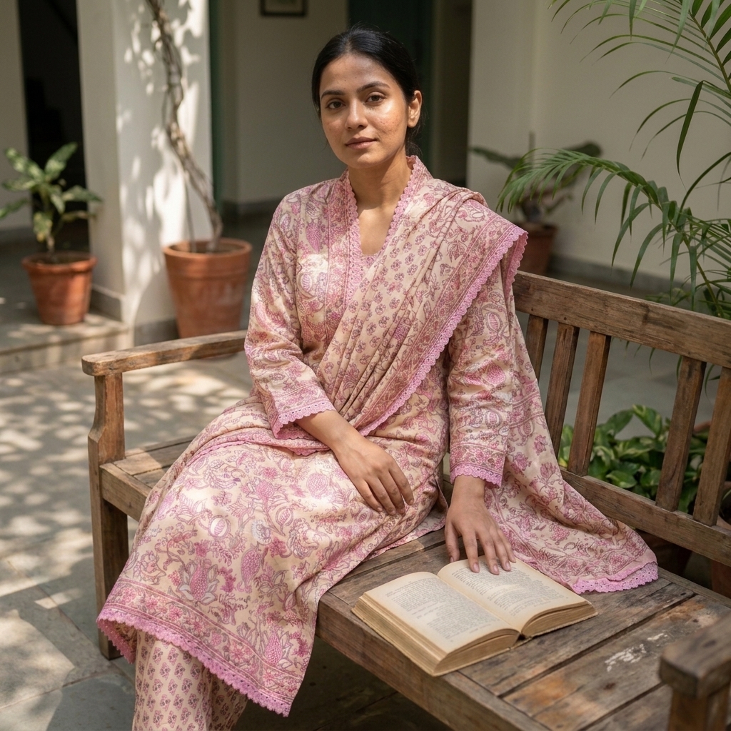 Nazakat 3 piece set in Pink block prints - Image 4