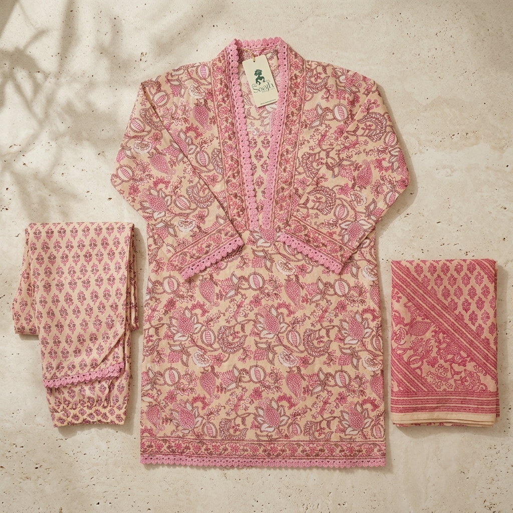Nazakat 3 piece set in Pink block prints - Image 3
