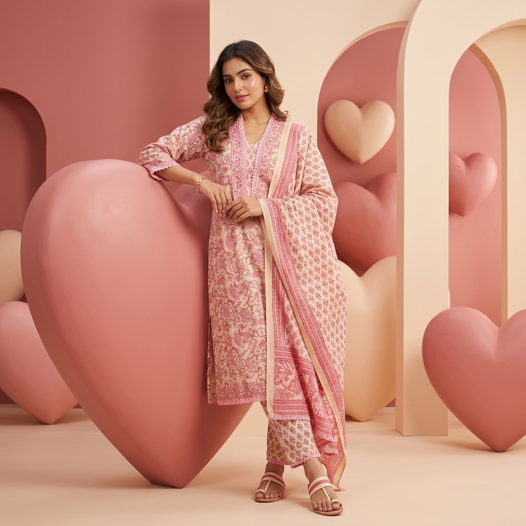 Nazakat 3 piece set in Pink block prints