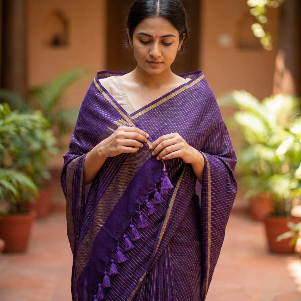 Purple Stripe Mul Cotton Saree