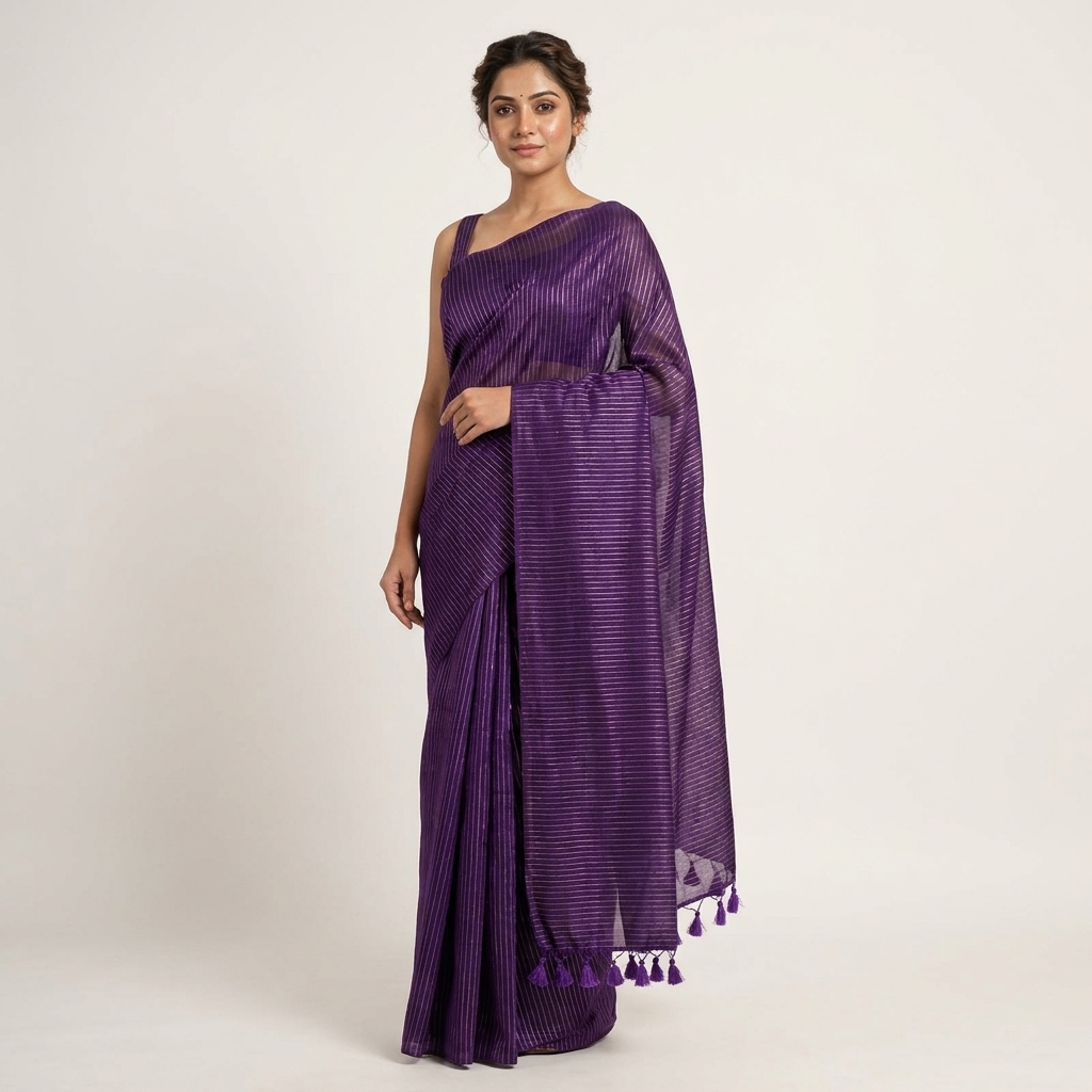 Purple Stripe Mul Cotton Saree - Image 3