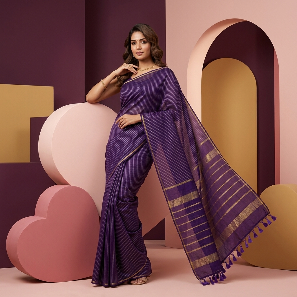 Purple Stripe Mul Cotton Saree - Image 4