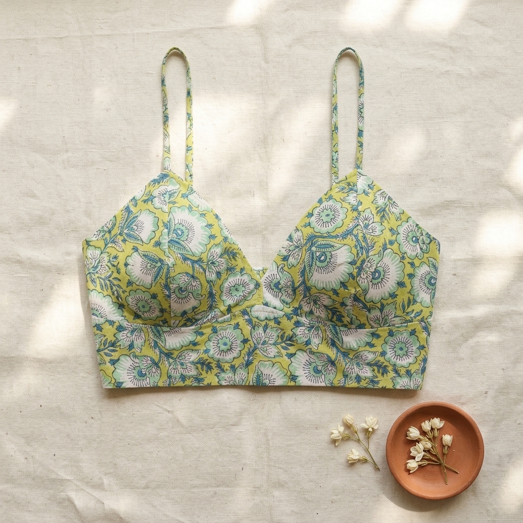Soft yellow base with blue and white floral print Bralette - Image 3